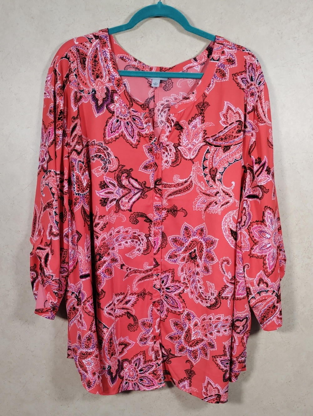 H159 Women’s Coralish Red Paisley Blouse 4X